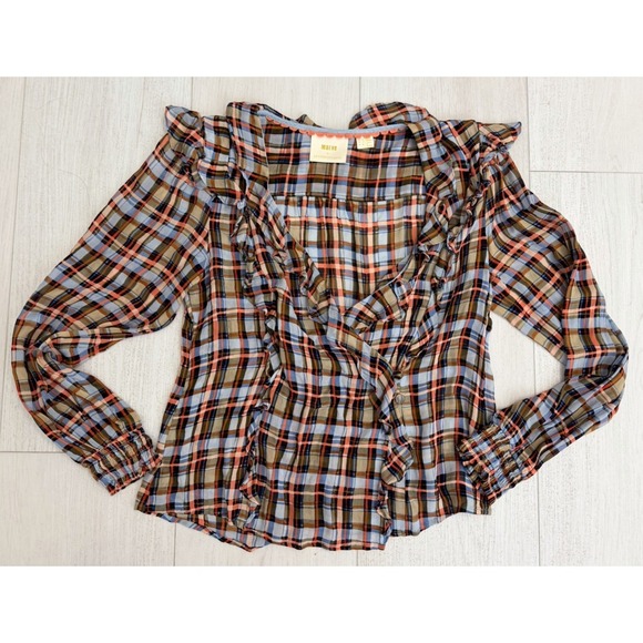 Maeve Tops - Maeve Anthropologie Laila Plaid Ruffle Sheer Top Sz 8